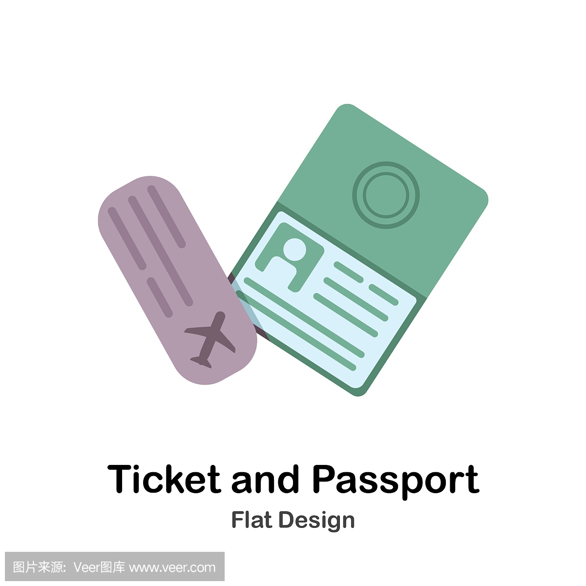 机票和护照平面插图